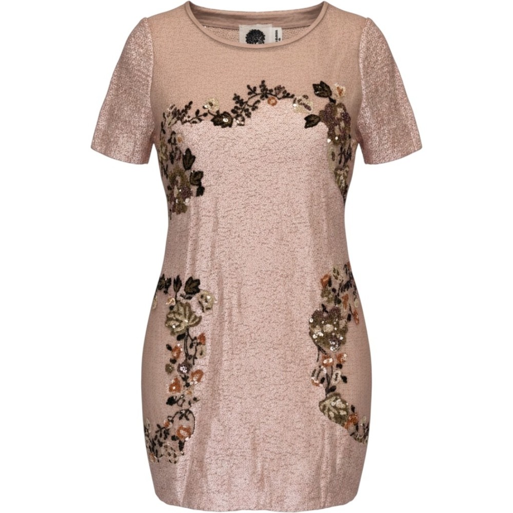 Let Me Be Pink Sequin‎ Floral Embroidered Mesh Mini Dress Size M Short Coquette